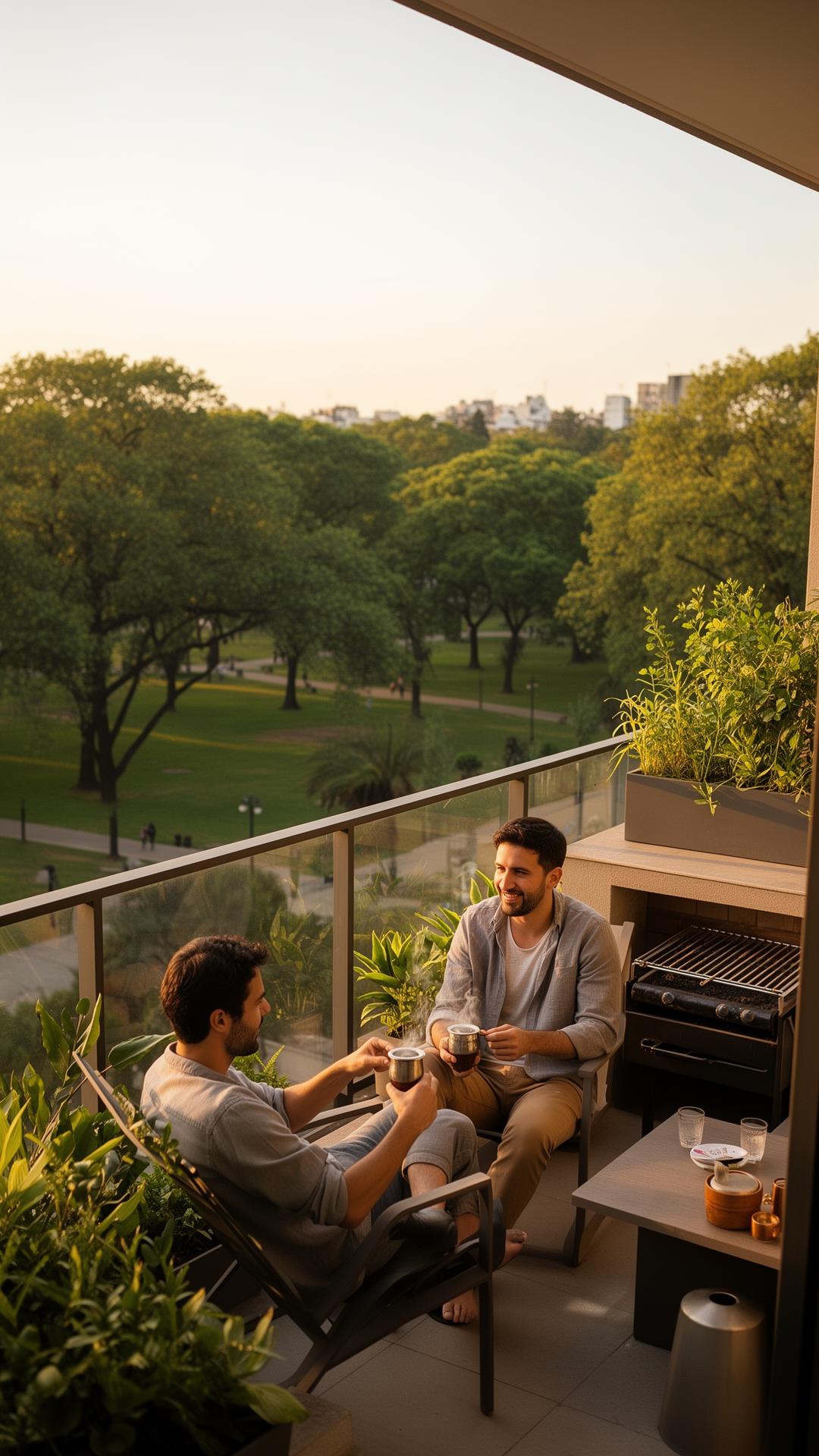 Pareja joven disfrutando el atardecer en un balcón con parrilla en Buenos Aires