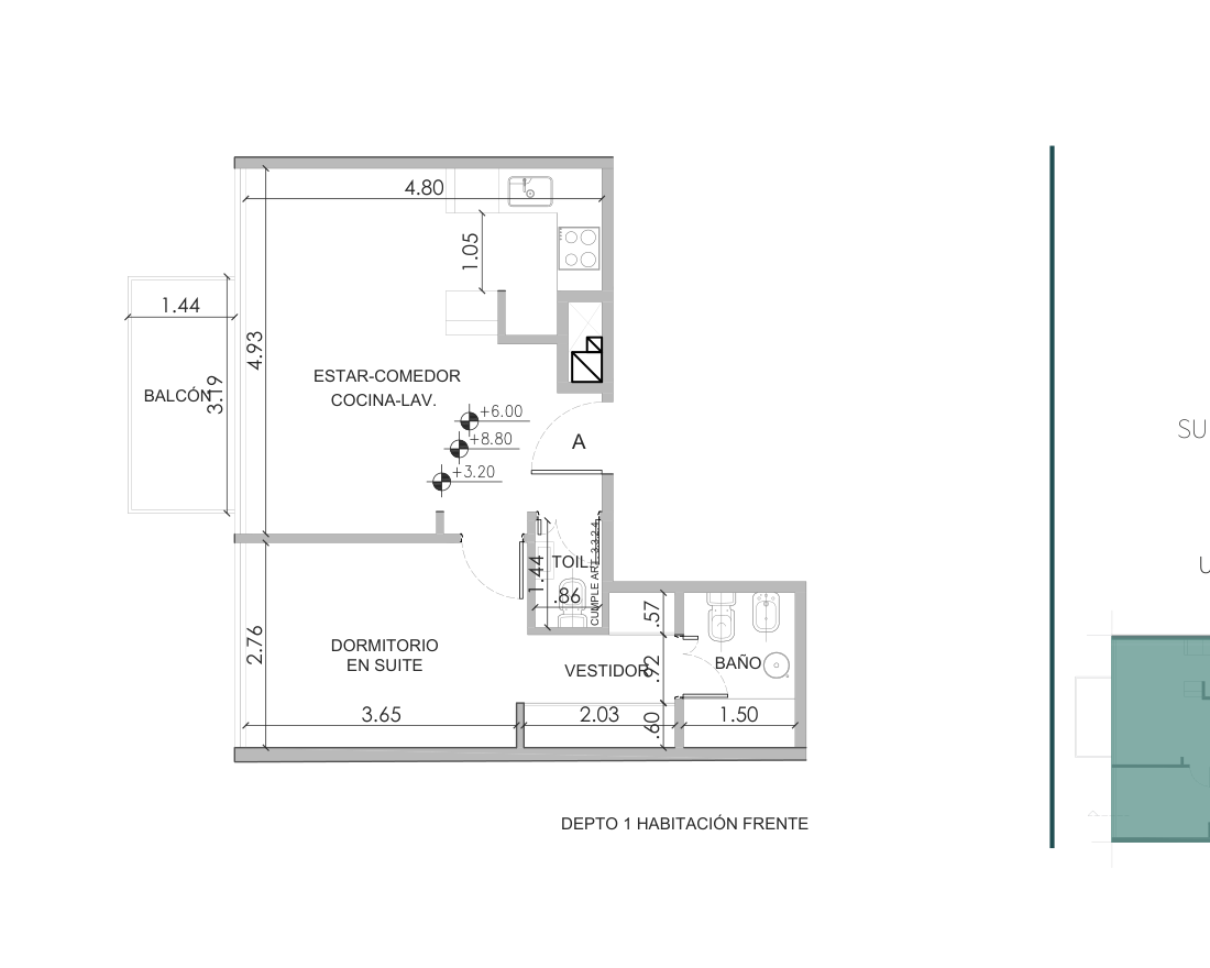 Plano de Departamento 2 Ambientes con distribución de ambientes
